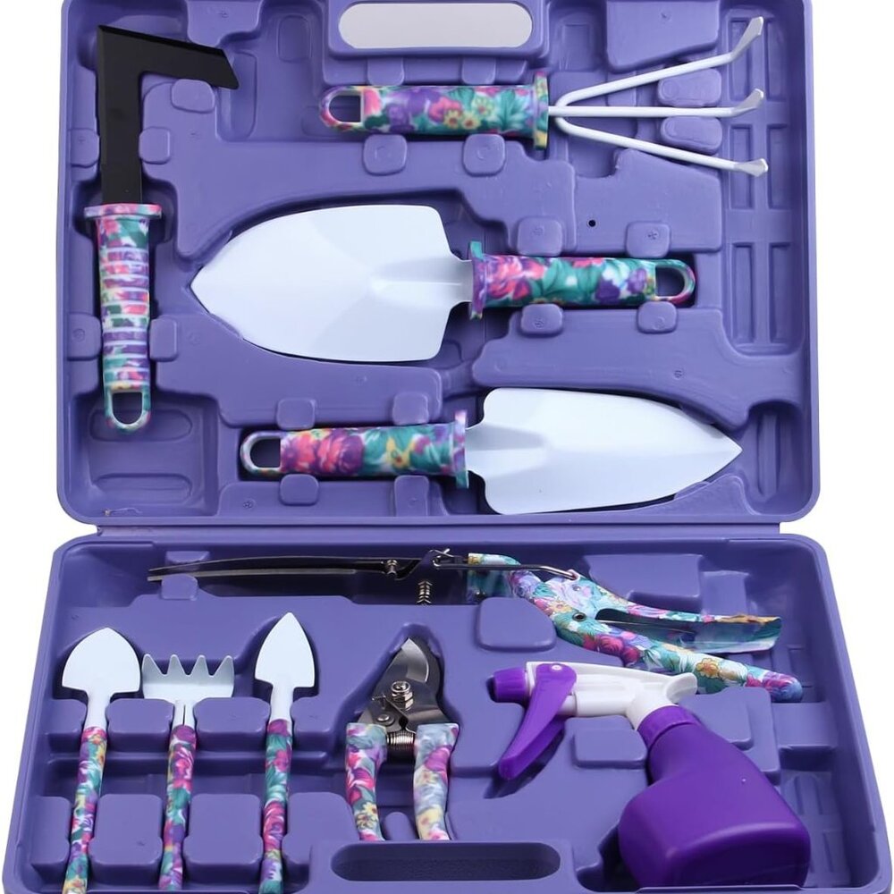 Garden Tools Set, 10 Pieces Gardening Tools with Purple Floral Print, Ergonomic